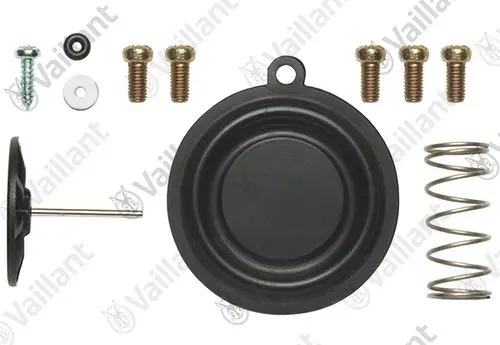 Reparatursatz von Vaillant mit verschiedenen Komponenten: gummierte Membran, Feder, Schrauben, Unterlegscheiben und ein Stift zur Montage.